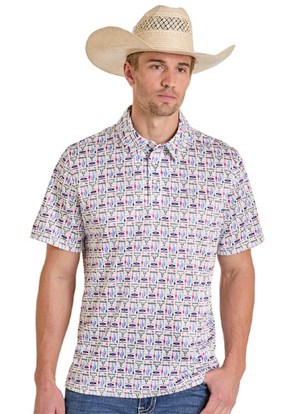 PANHANDLE SLIM WHITE LONGHORN PRINT - MENS POLO  - TM51T08212