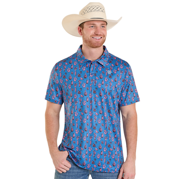 ROCK & ROLL ROYAL BLUE CACTUS PRINT - MENS POLO  - BM51T08350
