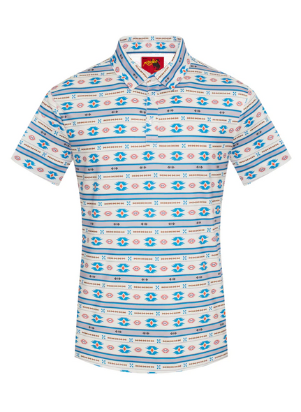 RODEO AZTEC TEAL WHITE PRINT - MENS POLO  - RS200-1071
