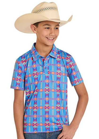 ROCK & ROLL SAPPHIRE AZTEC PRINTED POLO - KIDS BOYS POLO - BB51T08340