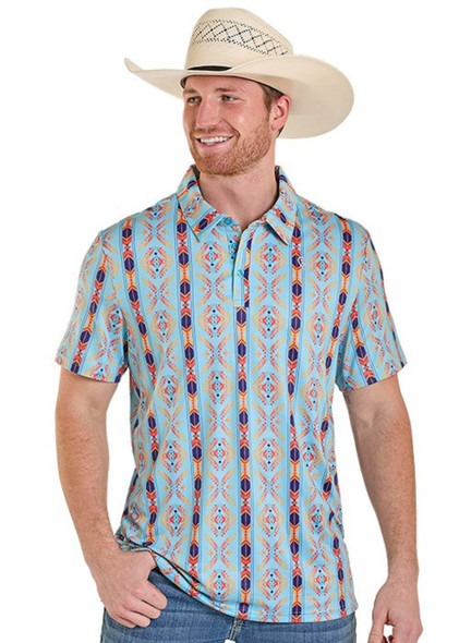 ROCK & ROLL BRIGHT TURQUOISE AZTEC PRINTED - MENS POLO  - BM51T08337