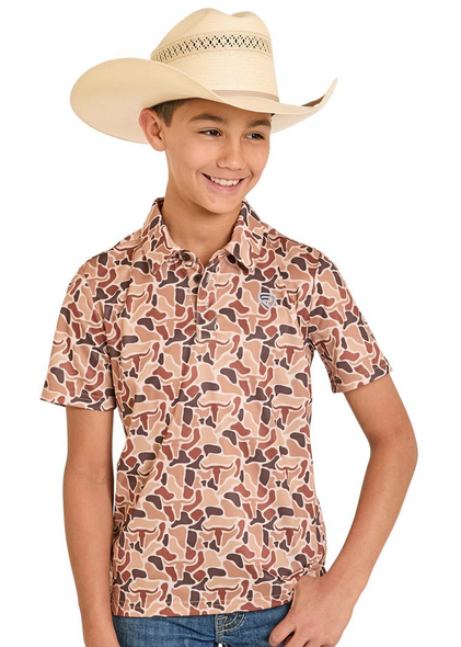 ROCK & ROLL SKULL CAMO BROWN PRINTED - KIDS BOYS POLO - BB51T08354