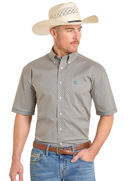 PANHANDLE SLIM TAN GEOMETRIC PRINT - MENS SHIRT  - RMB3S08244