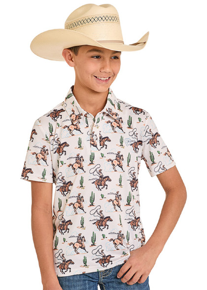 ROCK & ROLL WHITE RODEO PRINT POLO - KIDS BOYS POLO - BB51T08356