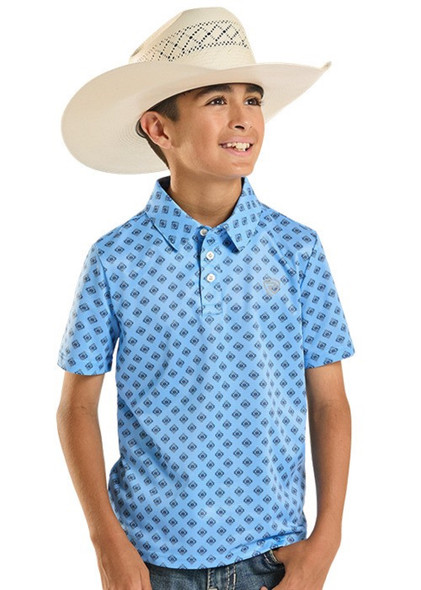 ROCK & ROLL BLUE MINI AZTEC GEO PRINT - KIDS BOYS POLO - BB51T08710