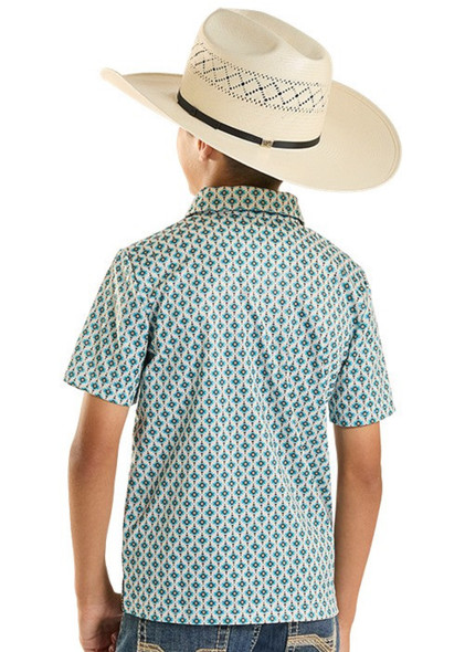 ROCK & ROLL TEAL MINI AZTEC GEO PRINT - KIDS BOYS POLO - BB51T08713