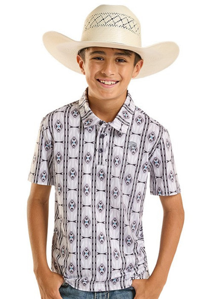 ROCK & ROLL LIGHT GREY AZTEC PRINT POLO - KIDS BOYS POLO - BB51T08724