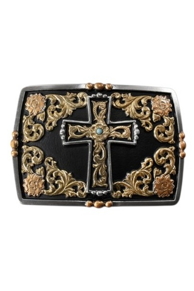 NOCONA BLACK AND GOLD CROSS FLOWERS - ACC BUCKLE  - 37962