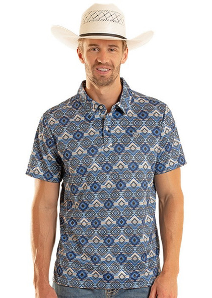 ROCK & ROLL BLUE AZTEC PRINT - MENS POLO  - BM51T08719