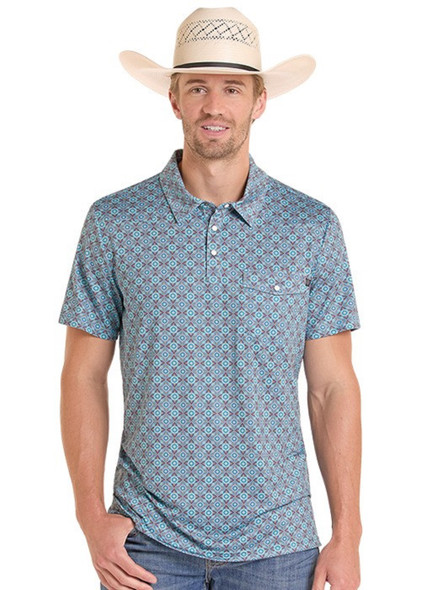 ROCK & ROLL TURQUOISE MEDALILION PRINT - MENS POLO  - BM51T09056