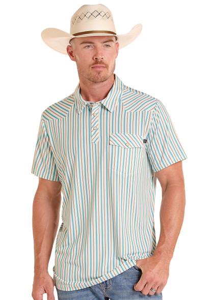 ROCK & ROLL WESTERN STRIPES TEAL PRINT - MENS POLO  - BM51T09058