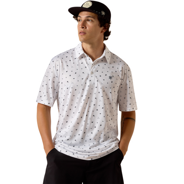 ARIAT WHITE WESTERN TOSS PRINT - MENS POLO  - 10073470