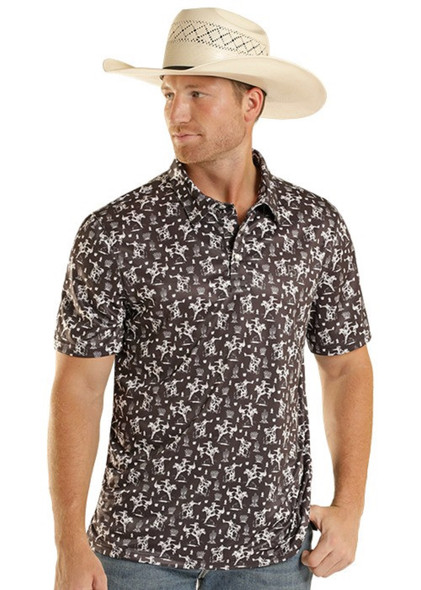 PANHANDLE SLIM BLACK WHITE BUCKING COWBOY - MENS POLO  - TM51T09002