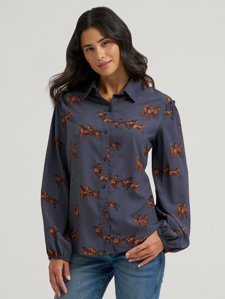 WRANGLER DRAPEY SLEEVE HORSE BLUE PRINT - LADIES SHIRT  - 112382747