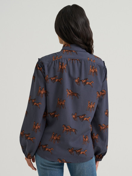 WRANGLER DRAPEY SLEEVE HORSE BLUE PRINT - LADIES SHIRT  - 112382747