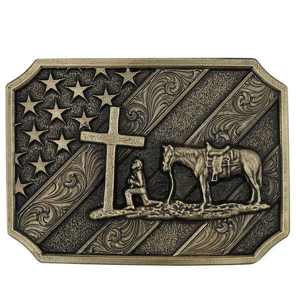ATTITUDE BY MONTANA SILVERSMITHS PATRIOT CHRISTIAN COWBOY FLAG - ACC BUCKLE  - A864C