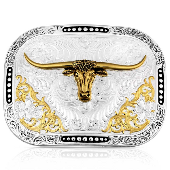 MONTANA SILVERSMITHS RECTANGLE LONGHORN STEER - ACC BUCKLE  - 53510-767H