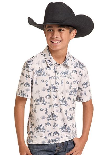 ROCK & ROLL NATURAL HORSE PRINT POLO - KIDS BOYS POLO - BB51T09607