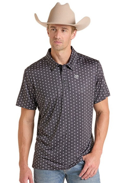 ROCK & ROLL BLACK CROSS BONES PRINT - MENS POLO  - BM51T09605