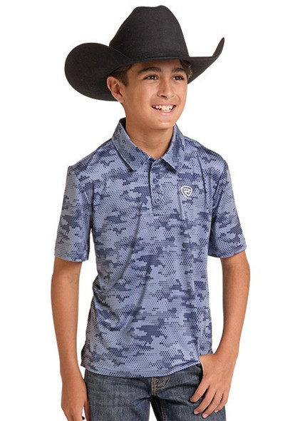 ROCK & ROLL BLUE TECHNO CAMO PRINT - KIDS BOYS POLO - BB51T09604