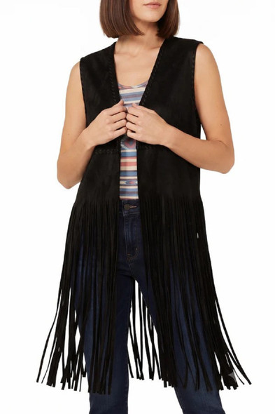 BLACK FRINGE SUEDE VEST - LADIES VESTS  - FRNG-VST2-BLK