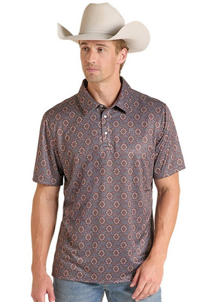 ROCK & ROLL BROWN GEOMETRIC SNAP PRINT - MENS POLO  - TM51T09509