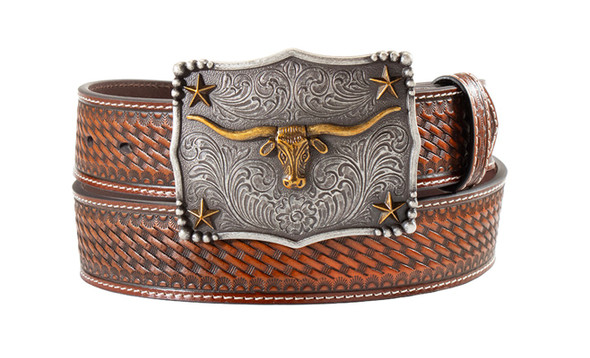 3-D BELT BASKET WEAVE LONGHORN BROWN - ACCESSORIES BELT MEN - D100021302