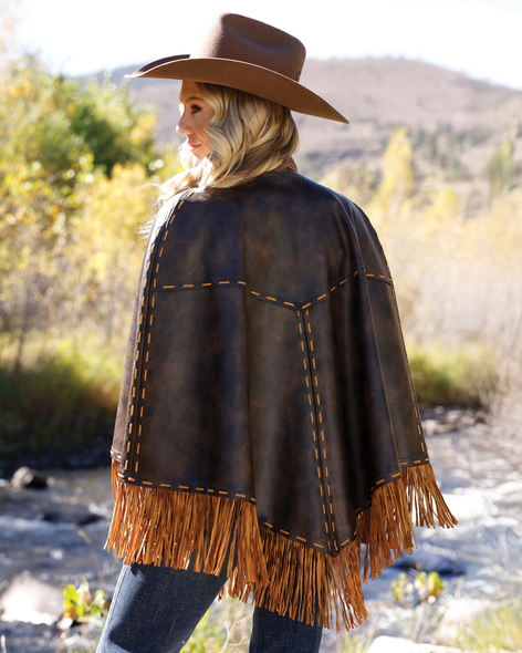 CRUEL GIRL FAUX BROWN LEATHER CAPE/ FRING - LAD CARD  - CWV7456001