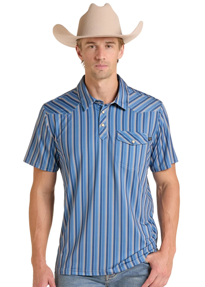 ROCK & ROLL STRIPED WESTERN VENTED BLUE - MENS POLO  - BM51T09590