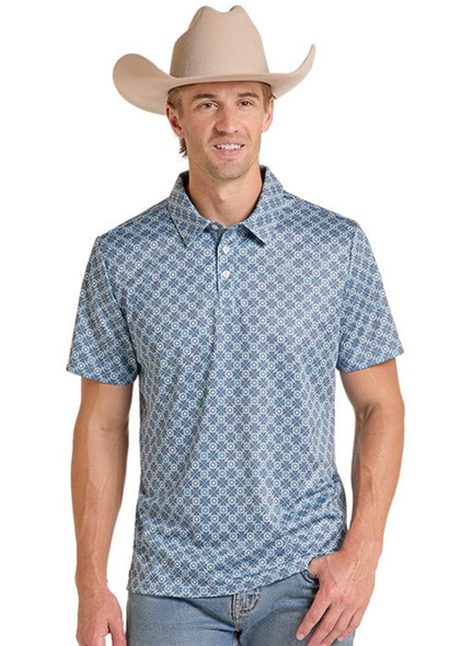 ROCK & ROLL AQUA MEDALLION PRINT - MENS POLO  - BM51T09598