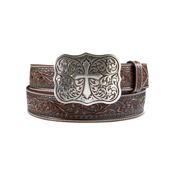 ARIAT FLORAL EMBOSSED CROSS BROWN - ACCESSORIES BELT LADIES - A1569502