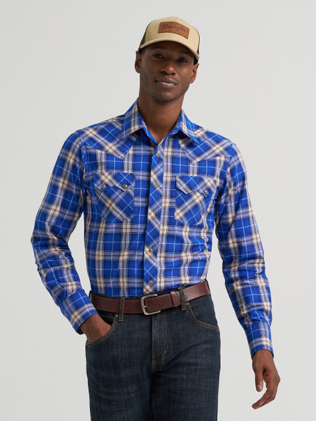 WRANGLER RETRO MODERN FIT BLUE PLAID - MENS SHIRT  - 112385597