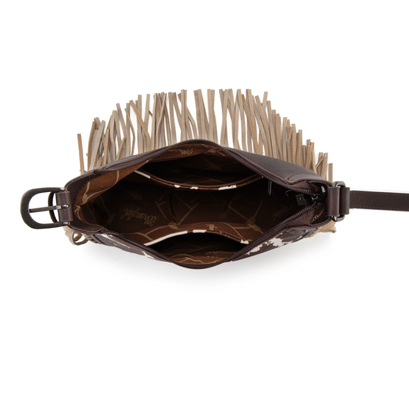 WRANGLER COW PRINT FRINGE COFFEE - ACCESSORIES PURSES HANDBAG - WG444-818CF