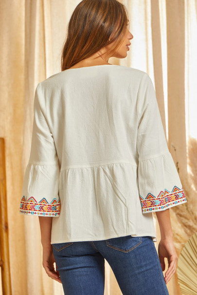 SAVANNA JANE EMBELLISHED AZTEC EMBROIDERY - LADIES SHIRT  - T11259-IVORY