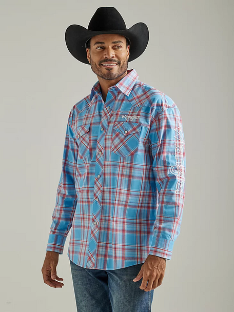 WRANGLER BLUE PLAID TEAM LOGO SNAP - MENS SHIRT  - 112327776