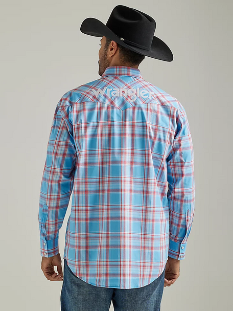 WRANGLER BLUE PLAID TEAM LOGO SNAP - MENS SHIRT  - 112327776