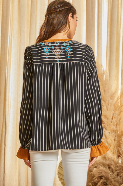 SAVANNA JANE STRIPPED WITH AZTEC EMBROIDERY - LADIES SHIRT  - T12264-1PLUS