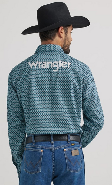 WRANGLER NAVY GEOMETRIC PRINT LOGO - MENS SHIRT  - 112337440