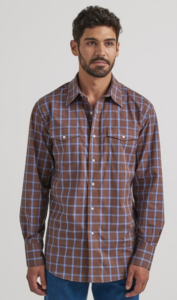 WRANGLER BROWN AND BLUE PLAID PRINT - MENS SHIRT  - 112337450