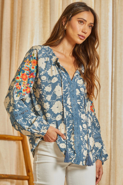 SAVANNA JANE BLUE FLORAL BLOUSE - LADIES SHIRT  - 18510-2 DENIM