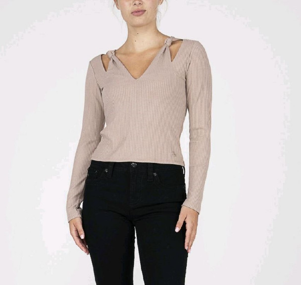 MISS ME TAUPE BEIGE KNOT TIE KNIT TOP - LADIES SHIRT  - MT2764L