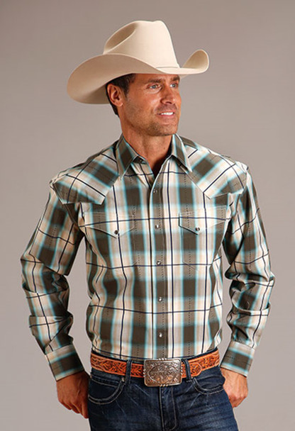 STETSON OLIVE OMBRE PLAID LONG SLEEVE - MENS SHIRT  - 11-001-0478-0191GR