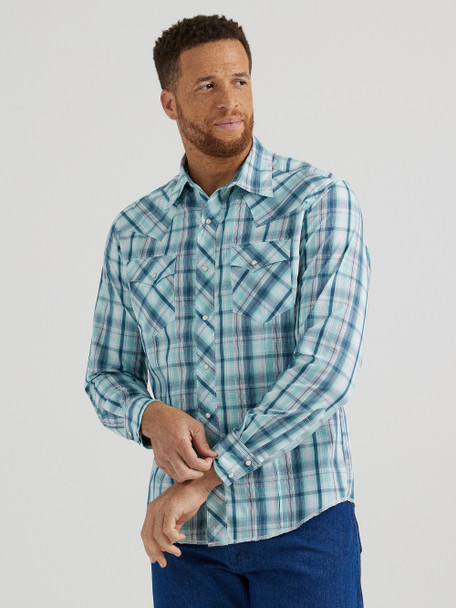 WRANGLER WRINKLE FREE TEAL PLAID - MENS SHIRT  - 112344818