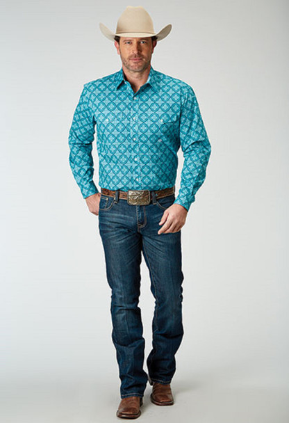 ROPER BLUE TURQUOISE ALLOVER PRINT - MENS SHIRT  - 3-01-325-2029BU