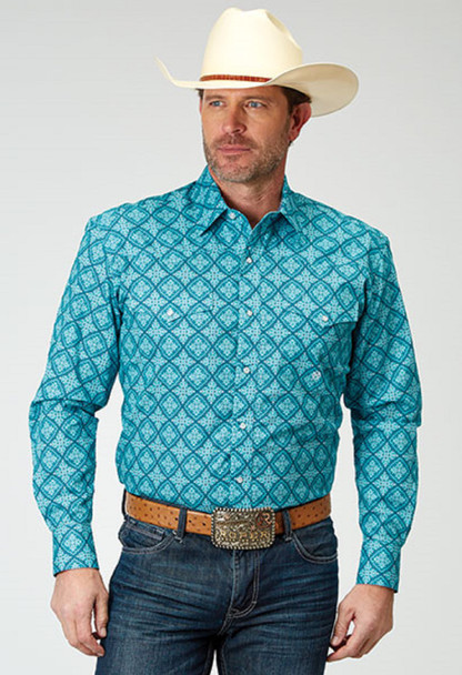 ROPER SNAP PRINT LAKE MEDALLION BLUE - MENS SHIRT  - 3-01-225-2029BU