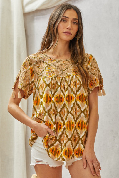 SAVANNA JANE OLIVE MARIGOLD AZTEC PRINT - LADIES SHIRT  - T10149-8