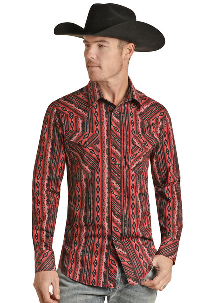 ROCK & ROLL BURUNDY SNAP AZTEC STRIPE - MENS SHIRT  - RRMSOSR09D