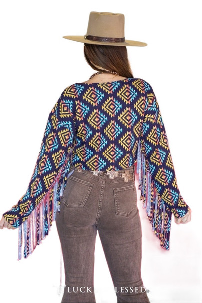 LUCKY & BLESSED NAVY AZTEC PRINTED FRINGE - LADIES SHIRT  - T0483-YLAZT