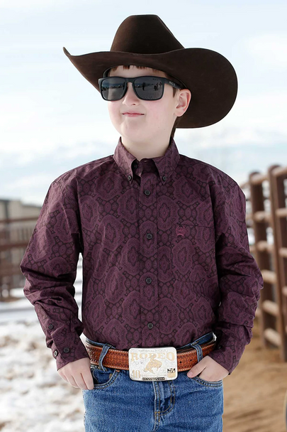 CINCH DARK PURPLE GEOMETRIC PRINT - KIDS BOYS SHIRT - MTW7060299