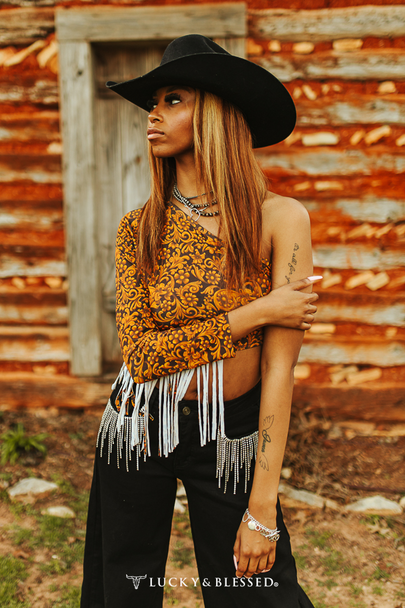 LUCKY & BLESSED BROWN TOOLED ONE SLEEVE FRINGE - LADIES SHIRT  - T0186-BRTL